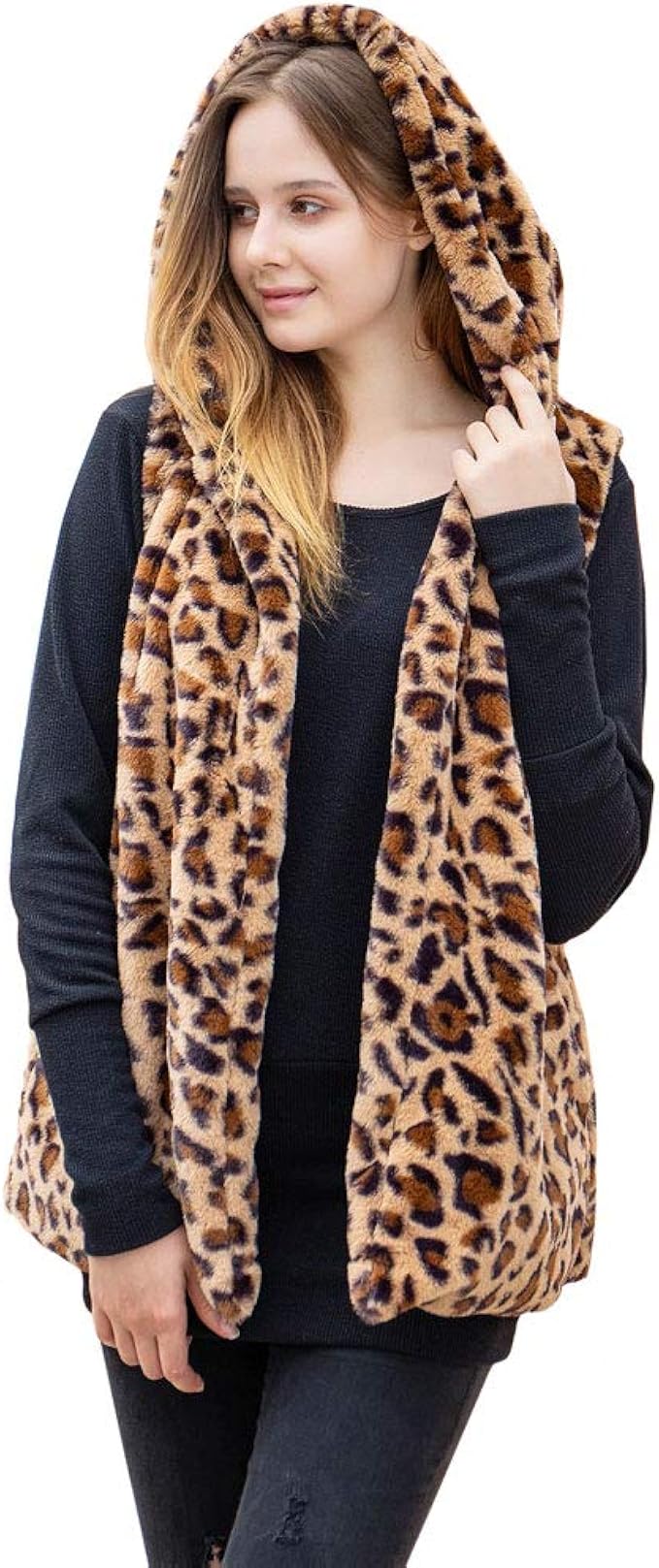 Women's Leopard Animal Print Soft Faux Fur Hooded Vest at Amazon Women