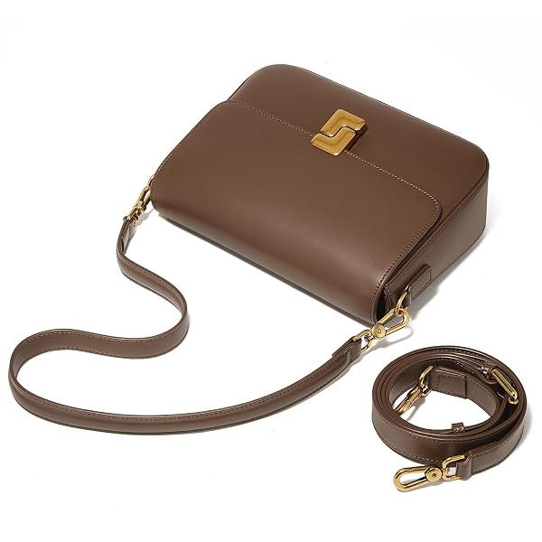 FOXLOVER CLASSIC LEATHER CROSSBODY SHOULDER BAG WITH GOLD-TONE BUCKLE-ADJUSTABLE STRAP ELEGANT PURSE, BROWN
