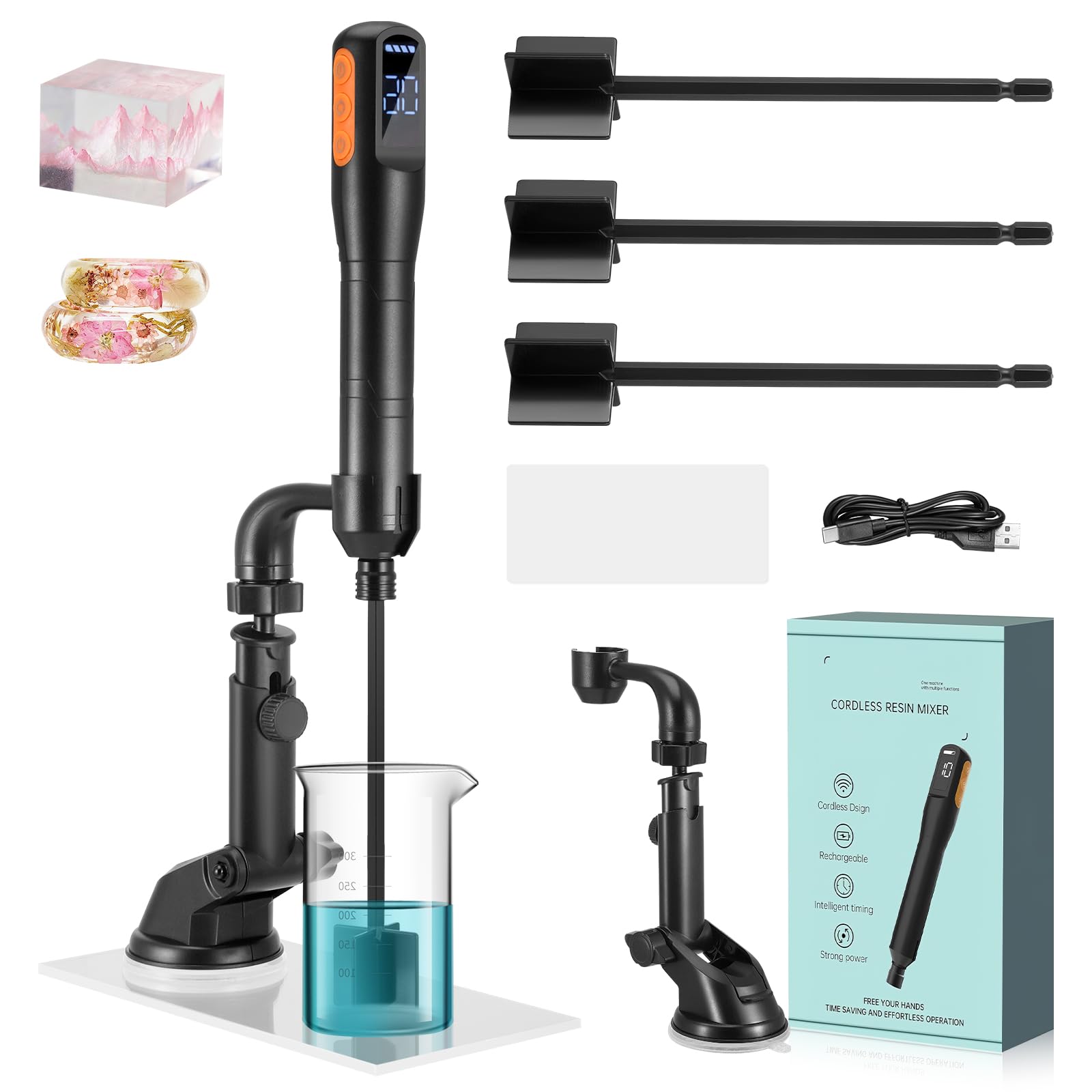 Rechargeable Resin Mixer, 3 Speeds Epoxy Resin Electric Stirrer, Forward & Reverse, Timing Stirring, Epoxy Resin Mixed for Resin Molds, Silicone Mixing, DIY Crafts, Included 4Pcs Paddles