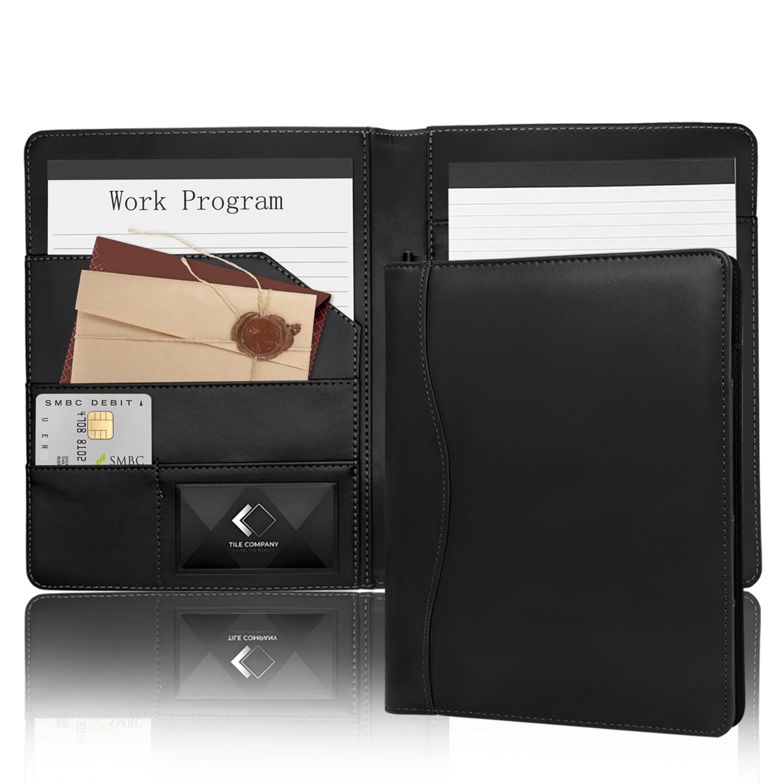 Photo 1 of Leather Portfolio Binder 5 x 8, Mini Soft Leather Padfolio A5 Business Binder Legal Writing Pad Junior Size Document Organizer for Present Gift Kid Men Women Black
