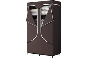 YIZAIJIA Portable Wardrobe Closet Clothing Organizer with Dustproof Non-Woven Fabric 34 Inch Clothes Hanging Rack for Bedroom (34 Inch, Coffee)