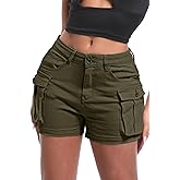 ELLEVEN Women's High-Stretch Cargo Shorts, Y2K Mini, High Waisted, Slim-Fitted Jean Shorts with Pockets