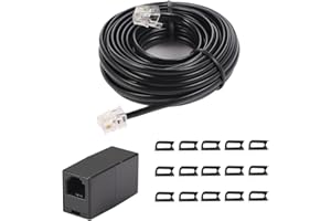 SEEFEFUL 20Feet Long Telephone Extension Cord Phone Cable Line Wire, with Standard RJ11 Plug and 1 in-Line Couplers and 10 Cable Clip Holders-Black (20 Feet)