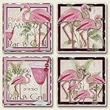 Tropical Pink Flamingo Bar & Grill Absorbent Coasters Set of 4