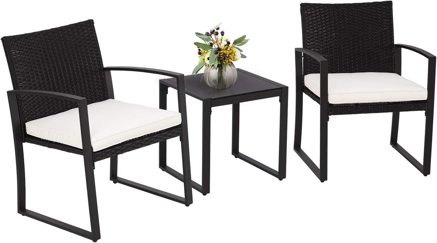 Amazon Com Crownland Outdoor Patio Furniture 3 Piece Bistro Set Chairs Wicker Rattan Conversation Furniture And Thickened Cushions Glass Coffee Table For Backyard Porch Poolside Lawn Beige Garden Outdoor