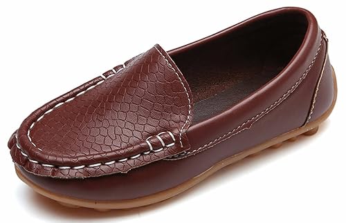 Yeeteepot Kids Leather Loafers Boys Girls Slip On Moccasins Anti-Slip Boat Shoes Casual Dress Shoes Flat Breathable Oxford Shoes, Brown 2 UK = 34 CN