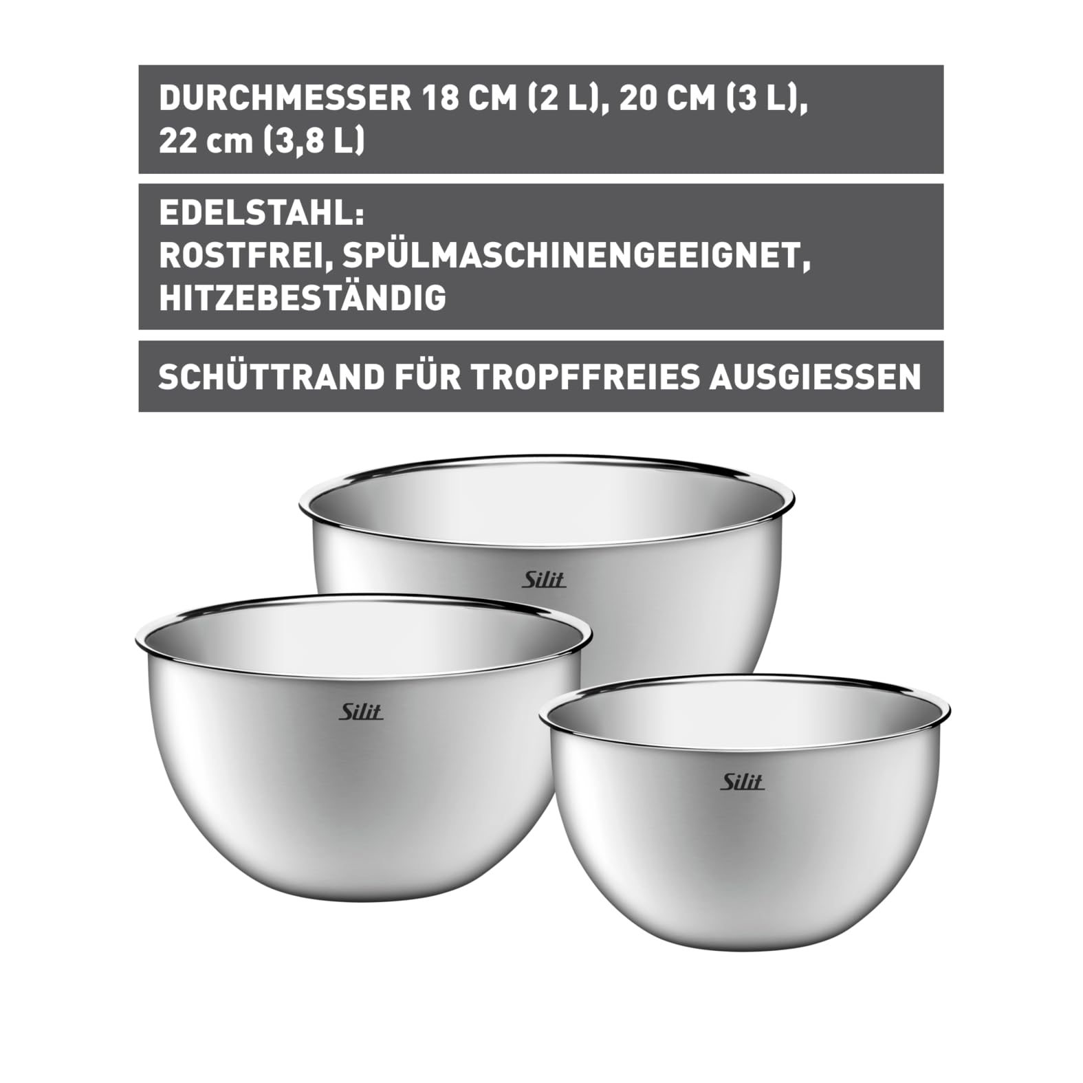 Silit Küchenschüssel-Set 3-teilig, Edelstahlschüsseln, multifunktional als Rührschüssel Edelstahl, Salatschüssel, Servierschüssel, stapelbar 2