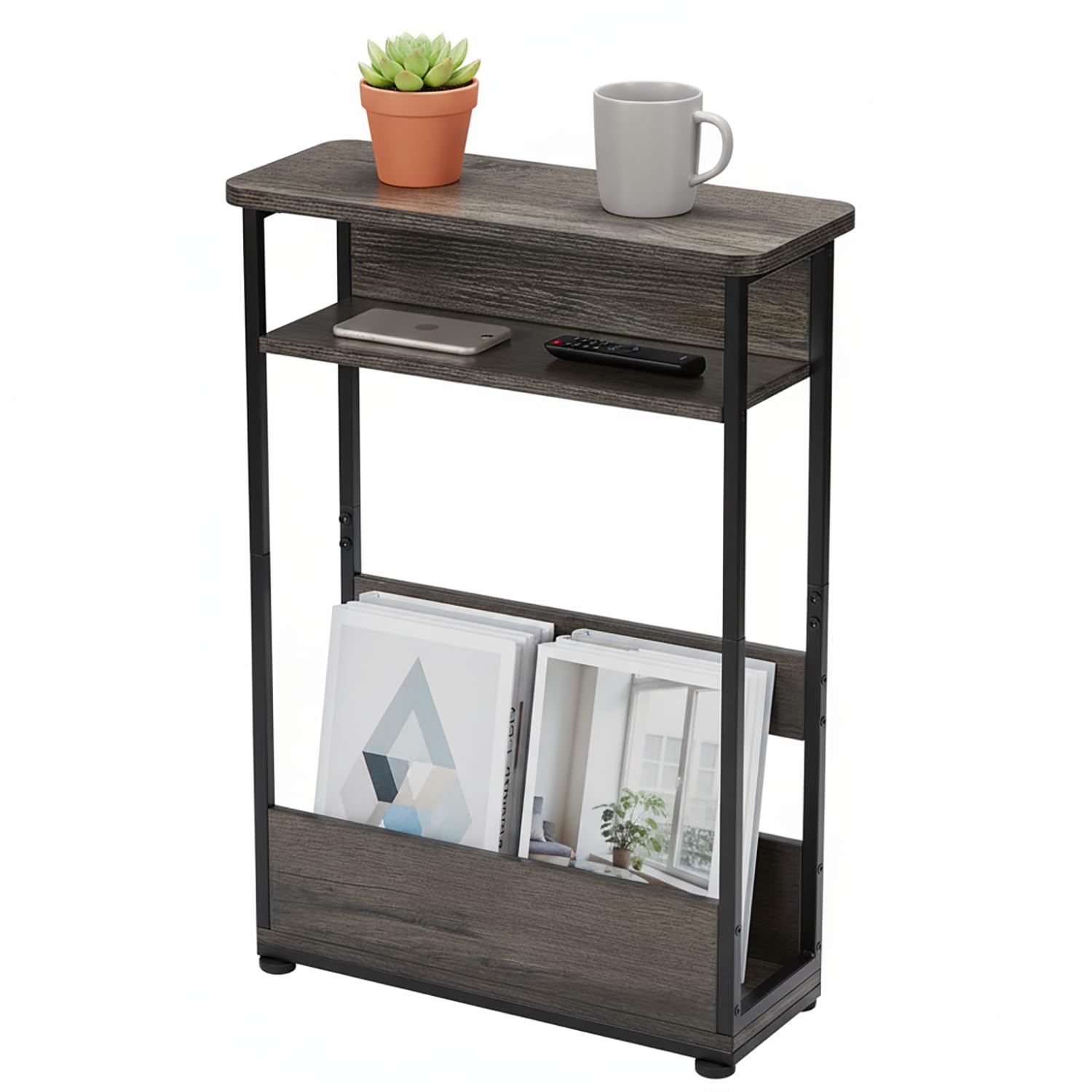 YEAKOO Narrow Side Table with Storage Shelf, 3 Tier Slim End Table for Small Spaces, Narrow Bedside Table, Small Nightstand with Magazine Rack 46x18x62.5cm,Grey
