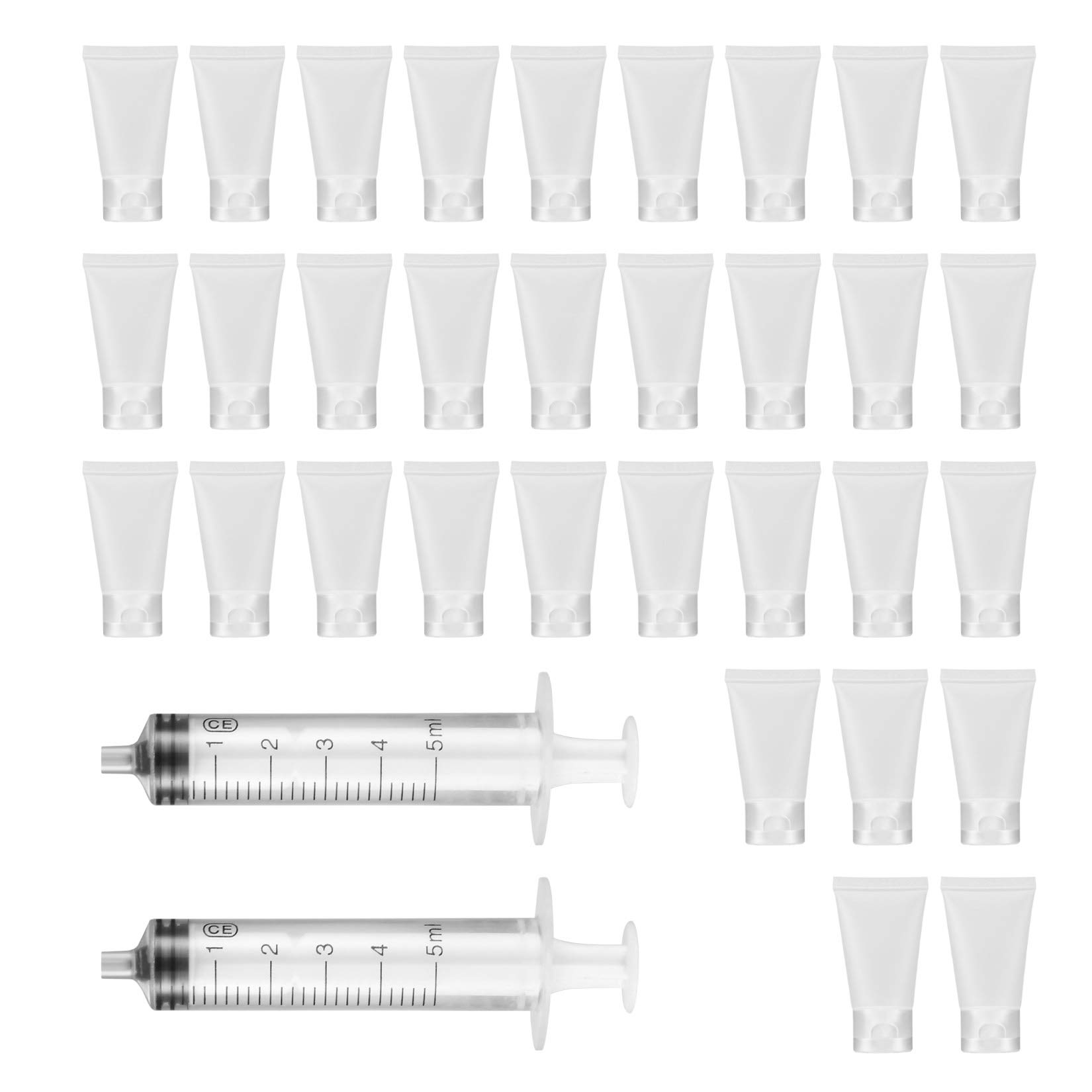 Yibaijia 32 PCS 30ml Refillable Tubes Bottle, Travel Makeup Container, Cosmetic Sample Bottles with 2 PCS Dispensing Tool for Shampoo, Facial Cleanser, Body Lotion Shower, Gel