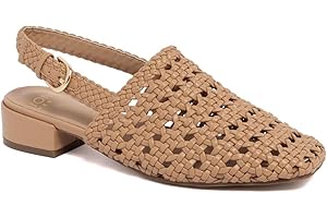 Jones New York Women's Woven Slingback Sandals Square Toe Low Block Heel Flats Adjustable Buckle Strap Casual Dressy Shoes - 