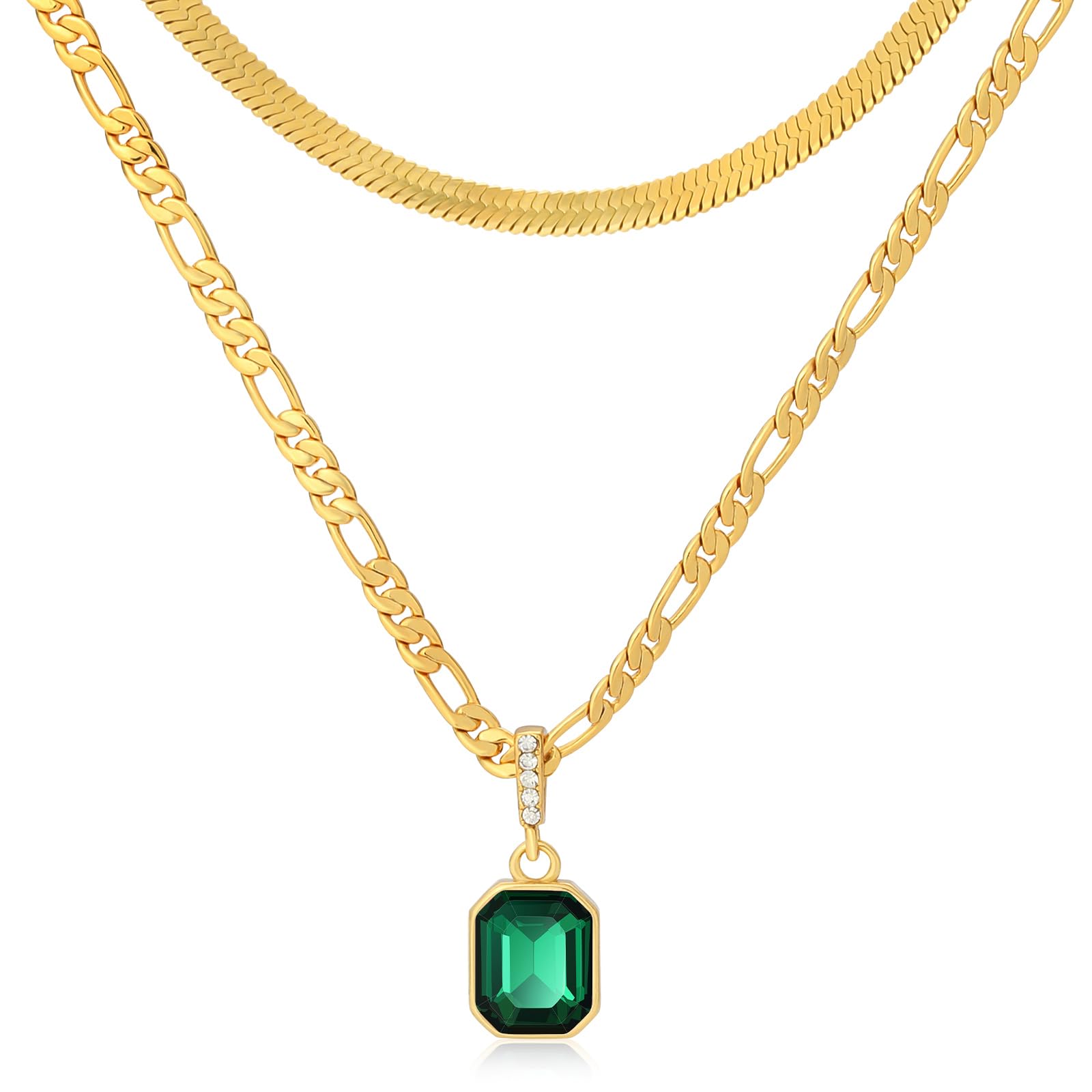 MESOVOR 18K Gold Layered Crystal Necklace, 3mm Figaro Chain Necklaces | Dainty 4mm Snake Chain Choker Necklace for Women Girls Jewelry Gifts (Green)