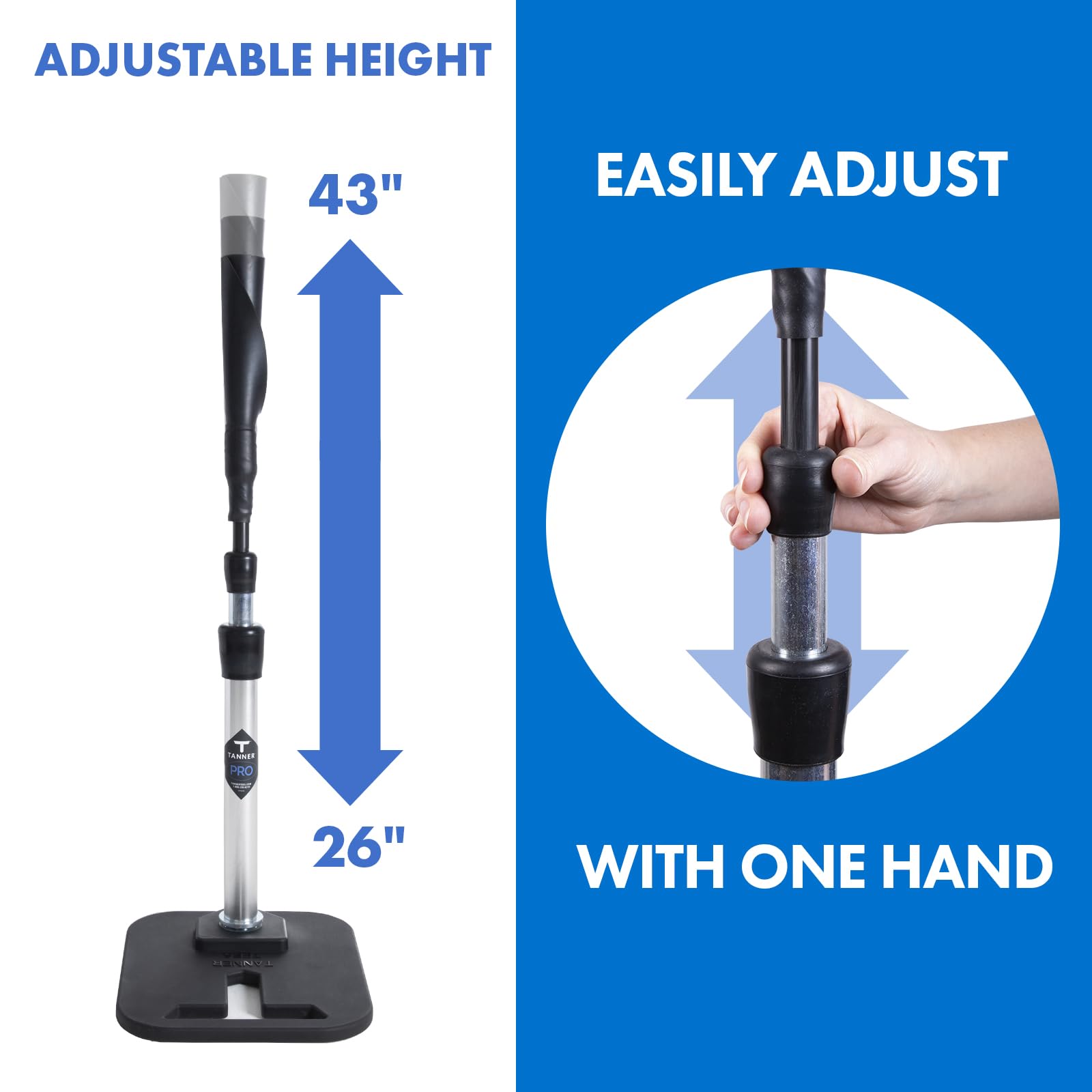 Tanner Pro Batting Tee | Pro Style Weighted Hitting Tee for Baseball Softball Slow Pitch | Adjusts 26-43” | Age 8 up| Weighted Base, Hand Rolled Flextop, Reinforced Steel Stem | Hand Assembled in US