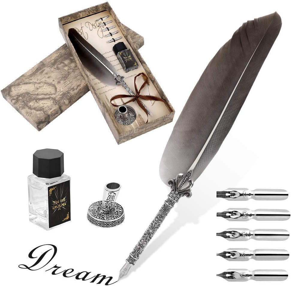 Quill Pen Antique Calligraphy Feather Handmade Quill And Ink Set, for