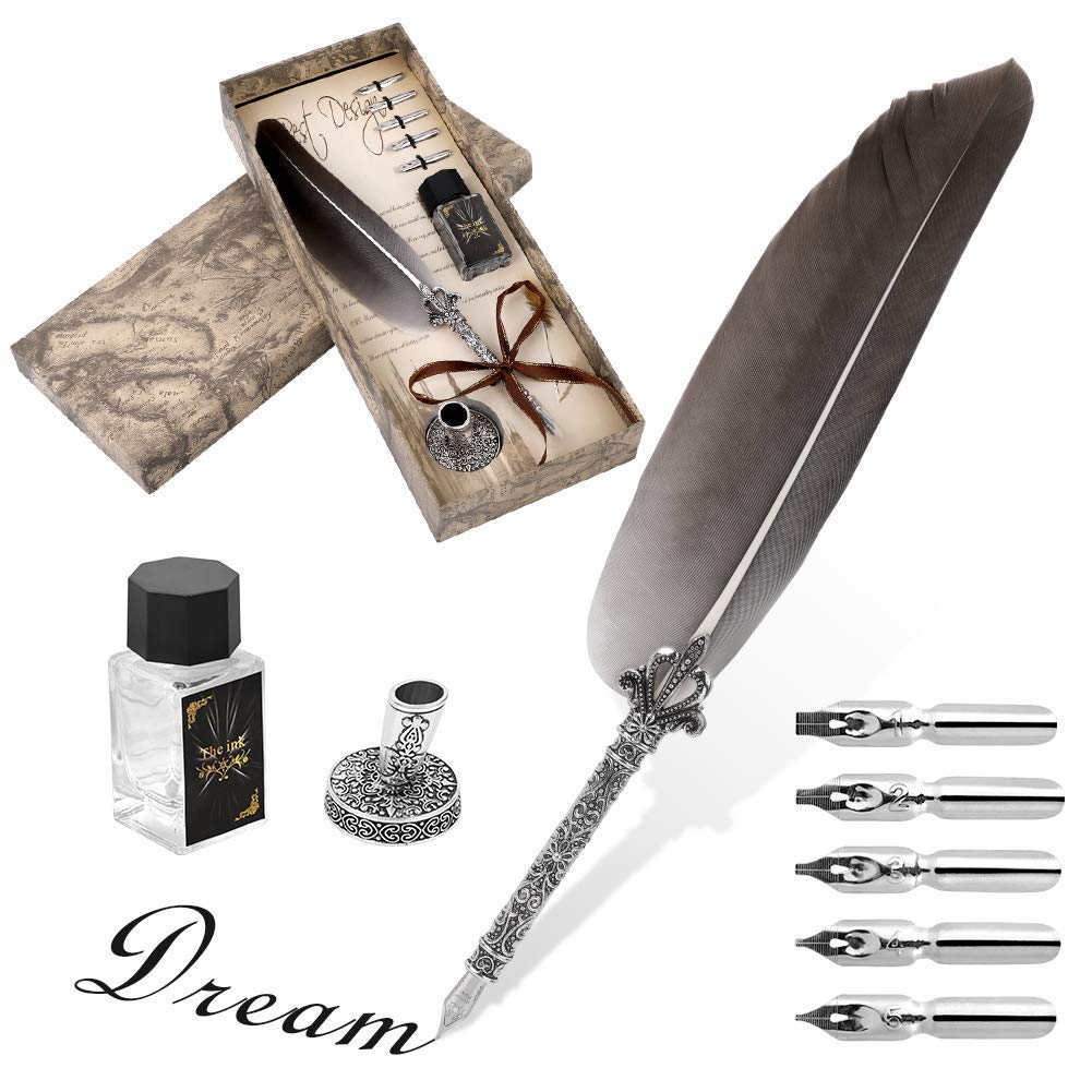Ejoyous Handcrafted Quill Pen, Feather Quill Pen Set Calligraphy Pen Stationery Set Antique Dip with Ink Bottle Pen Nib Base 6 Replacement Nib for Friend Teachers