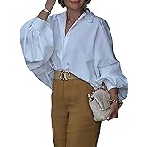 UOOZEE Women's Long Lantern Sleeve Button Down Shirt Cotton Loose Fit Lapel Collar Blouse Dressy Casual Office Work Tops