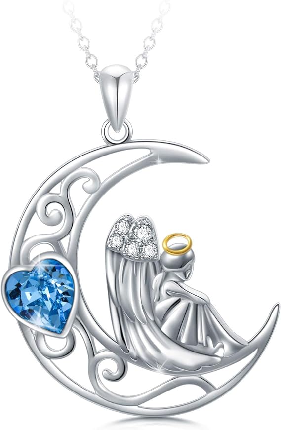 Angel Necklace Sterling Silver Guardian Angel Crescent Moon Necklace