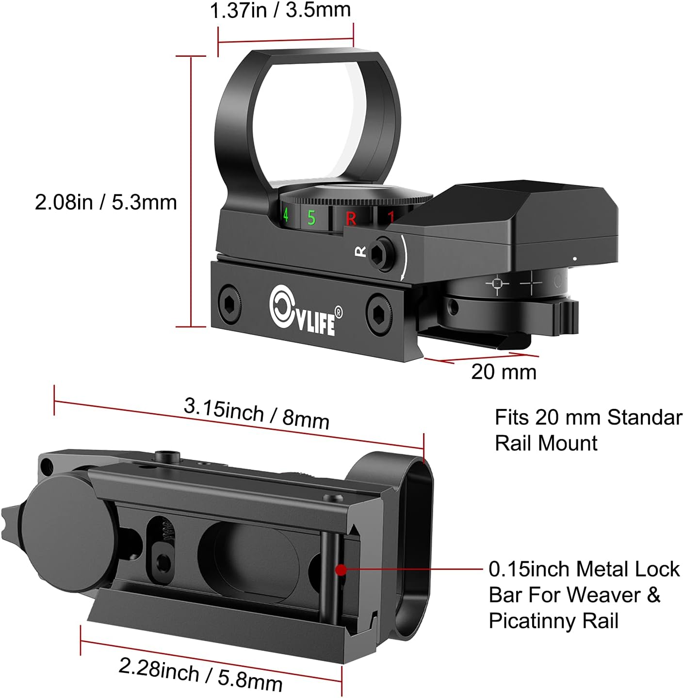 CVLIFE 1X22X33 Red Green Dot Gun Sight Riflescope Reflex Sight for 20mm Rail: Sports & Outdoors