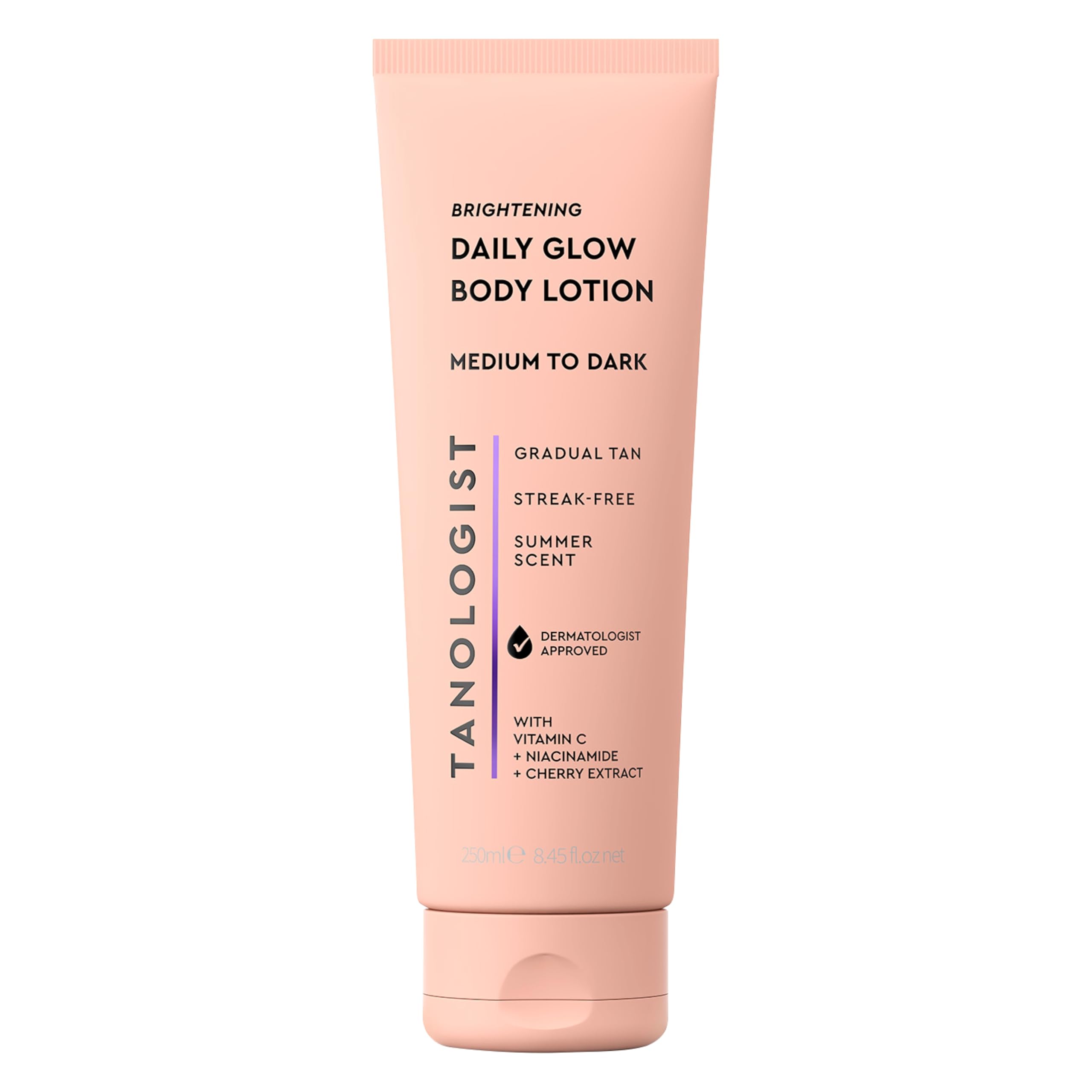 Tanologist Brightening Daily Glow Gradual Self-Tanning Lotion Medium to Dark, Lightweight Moisturizer with Vitamin C, Niacinamide & Cherry Extract, Buildable, Streak-Free, Hydrating, 250ml