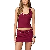Women's 2 Piece Outfits Ribbed Eyelet Halter Crop Top Matching Bodycon Mini Skirt Skort Set Casual Vacation Club Going Out