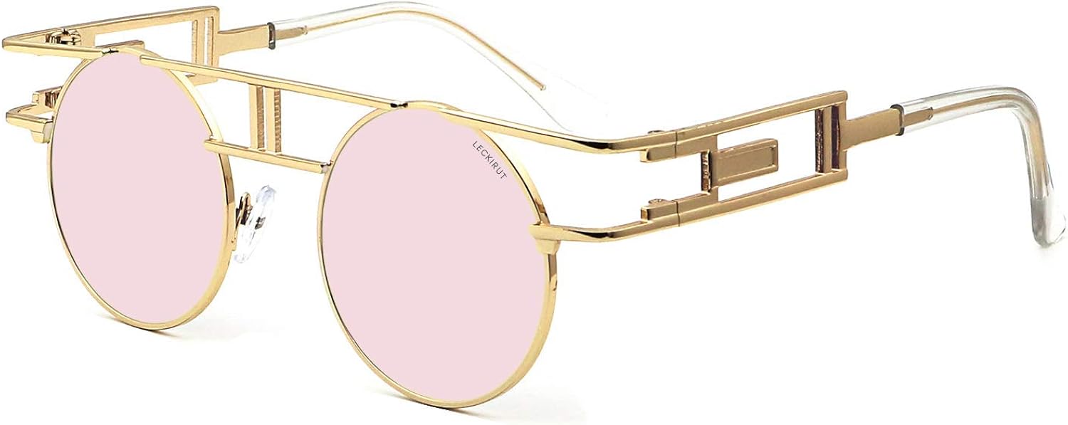 Leckirut Women Men Round Sunglasses Retro Vintage Steampunk Style Mirror Reflective Circle lens Black Frame Gray Lens: Clothing