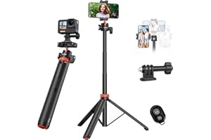 VRIG DIRECT UURIG 52" Extendable Phone Tripod with Remote Selfie Stick 360° Ball Head Camera Tripod with 2 in 1 Phone Clip Cell Phone Stand for iPhone 14/13/12 Pro Max/Samsung/GoPro/Camera