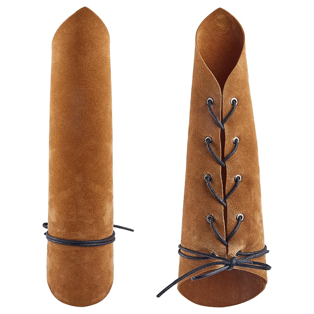 GORGECRAFT 2PCS Leather Gauntlet Wristband Medieval Armor Bracers Retro Suede Leather Arm Guard Adjustable Armband Armor Cuff for Halloween Knight Cosplay Parties Women Costumes, Dark Goldenrod