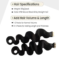 Black Tape in Hair Extensions Human Hair, Body Wave