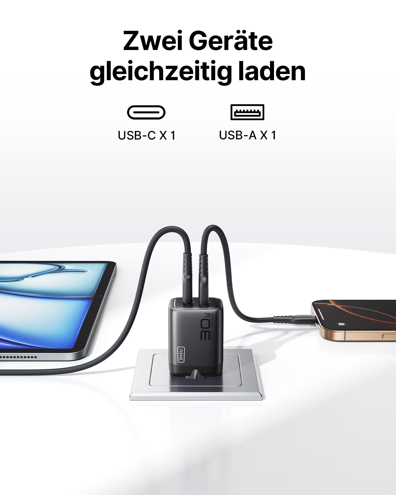 INIU 30W USB C Ladegerät, 2 Stück [USBC + USBA] Schnellladegerät mit Kabel, GaN PD Mehrfach Netzteil, USB C Charger für iPhone 17 16 Pro Max, iPad Pro, MacBook Air, Galaxy S25 S24 Ultra, Google 10 etc 4