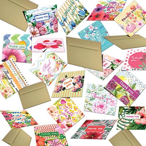 Hatinkaart - Thank You Card - 3.46" x 3.07" - Set of 40 Different Double-Sided Designs - with 40 Kraft Envelopes - Type Ultra