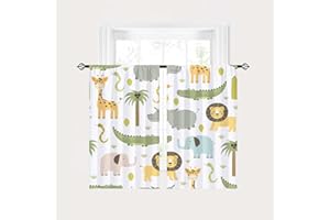 YUANZU Kids Animal Curtains Rod Pocket Safari Hippo Crocodile Lion Elephant Giraffe Woodland Zoo Print Pattern Window Drapes for Boys Girls Nursery Baby Bedroom Playroom W28 x L48 Inch 2 Panels