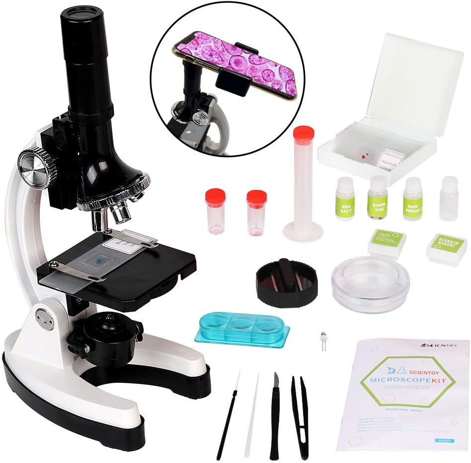 Scientoy kids Microscope with 100X-600X-1200X, 45 pcs Microscope Kit with Large-caliber Eyepiece, 12 Microscope Slides Brine Shrimp Hatchery, Metal Body, LED Light, Phone Holder, Best Science Experime