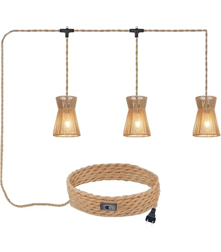 ALAISLYC 3-Light Plug in Pendant Light 22FT Industrial Hanging Lamp with  Twisted Hemp Rope Independent Triple Switch Hanging Light Chandelier for  Dining Room Kitchen, Black Finish - Amazon.com