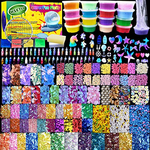 HSETIY Unicorn DIY Slime kit Supplies-18 Packs Slime, Cloud Slime, 2 Jelly Cube,Unicorn Charms, 48 Glitter,4 Magic Clay with DIY Slime Tool and Slime Box