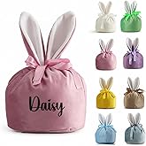 VRFASHION Large Personalized Pink Easter Bunny Velvet Gift Bags Drawstring Bags With Rabbit Ear Easter Candy Goodie Bags Bunny Ear Party Favors Bag for Kids Easter Birthday(1Pcs)
