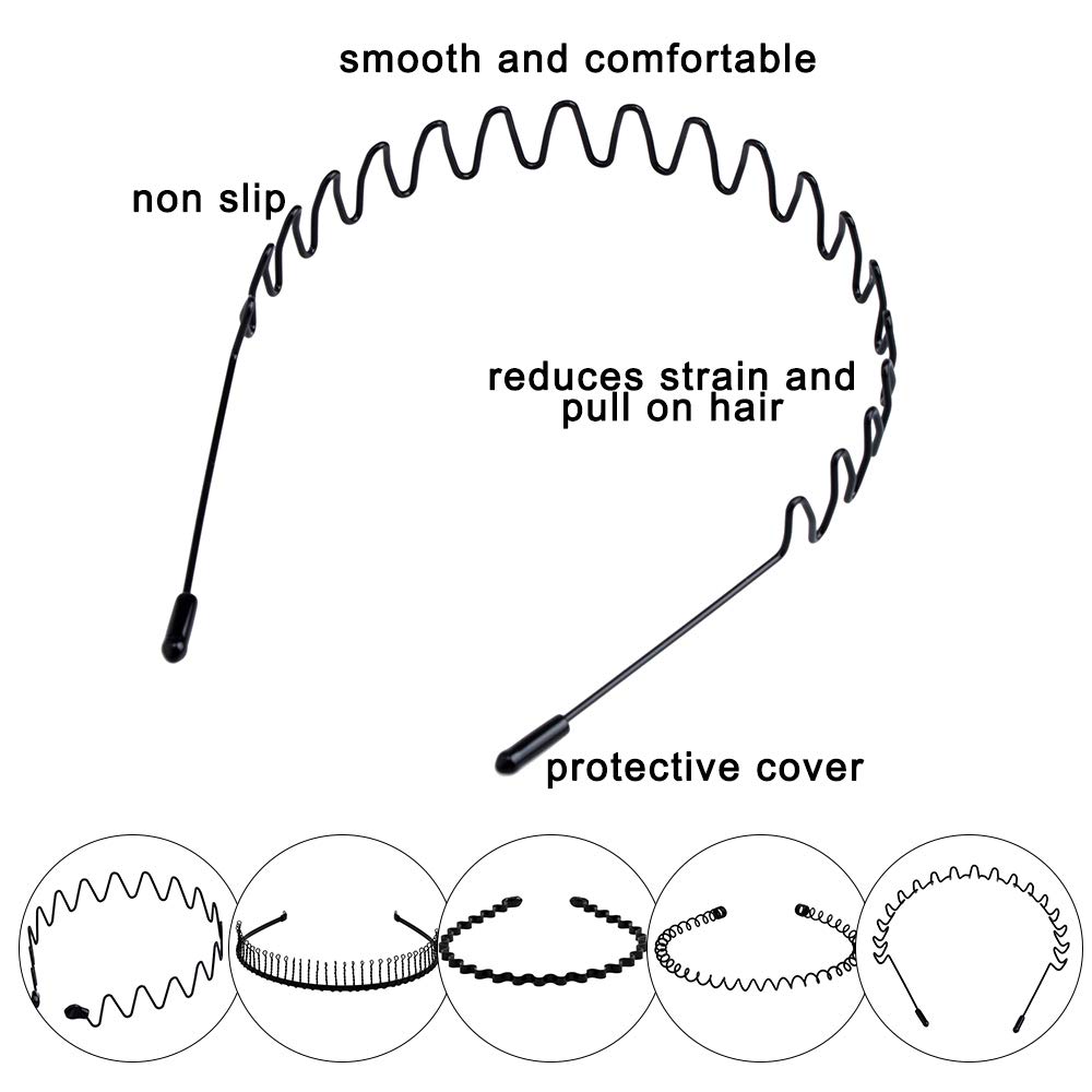 fani 15 Pcs Metal and Plastic Hair Hoop Set, Elastic Non Slip Hair Band Hoop Headwear, Black Wavy Simple Outdoors Unisex Hair Accessories for Men and Women : Beauty