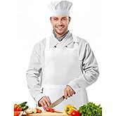 DAOLONG Chef Hat and Apron Set,Durable Bib Apron with 2 Pockets & Matching Hat,Perfect Chef Costume for Man and Woman,Chef Coat White