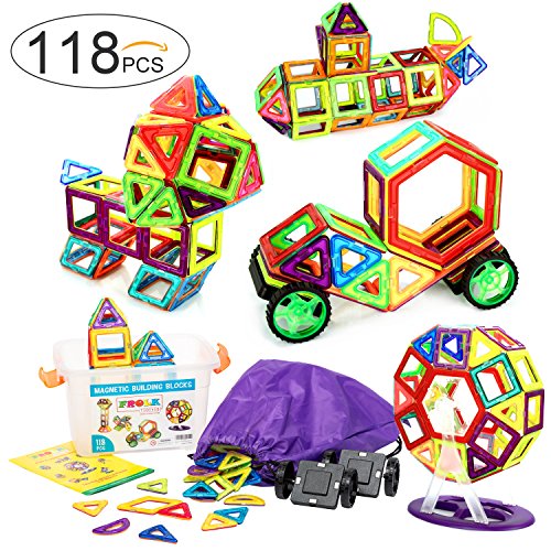 118 Pcs. Magnetic Building Blocks / Tiles Set for 3D Construction for Kids Age 3+. Educational Toy for girls and boys. Hours of Fun! Comes with Plastic Storage Box and Premium Backpack. By Frolk