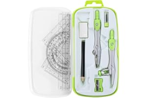 Unjoo Math Geometry Kit Sets 10 Piece Student Supplies with Shatterproof Storage Box,Includes Rulers,Protractor,Compass,Eraser,Pencil Sharpener,Lead Refills,Pencil,for Drafting and Drawings（Green）
