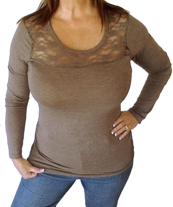 Brown Women's Thermal LowCut Cleavage Plus Size Long Sleeve Top 1X/2X