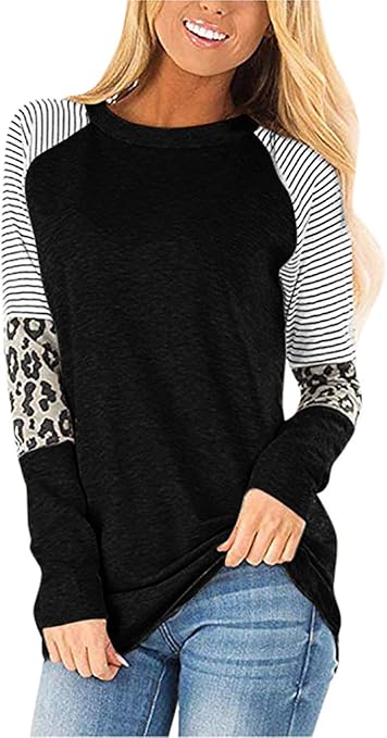 sullcom Women Casual T Shirts Leopard Print Patchwork Tops Loose Crewneck Long Sleeve Raglan Pullovers Shirts Tops