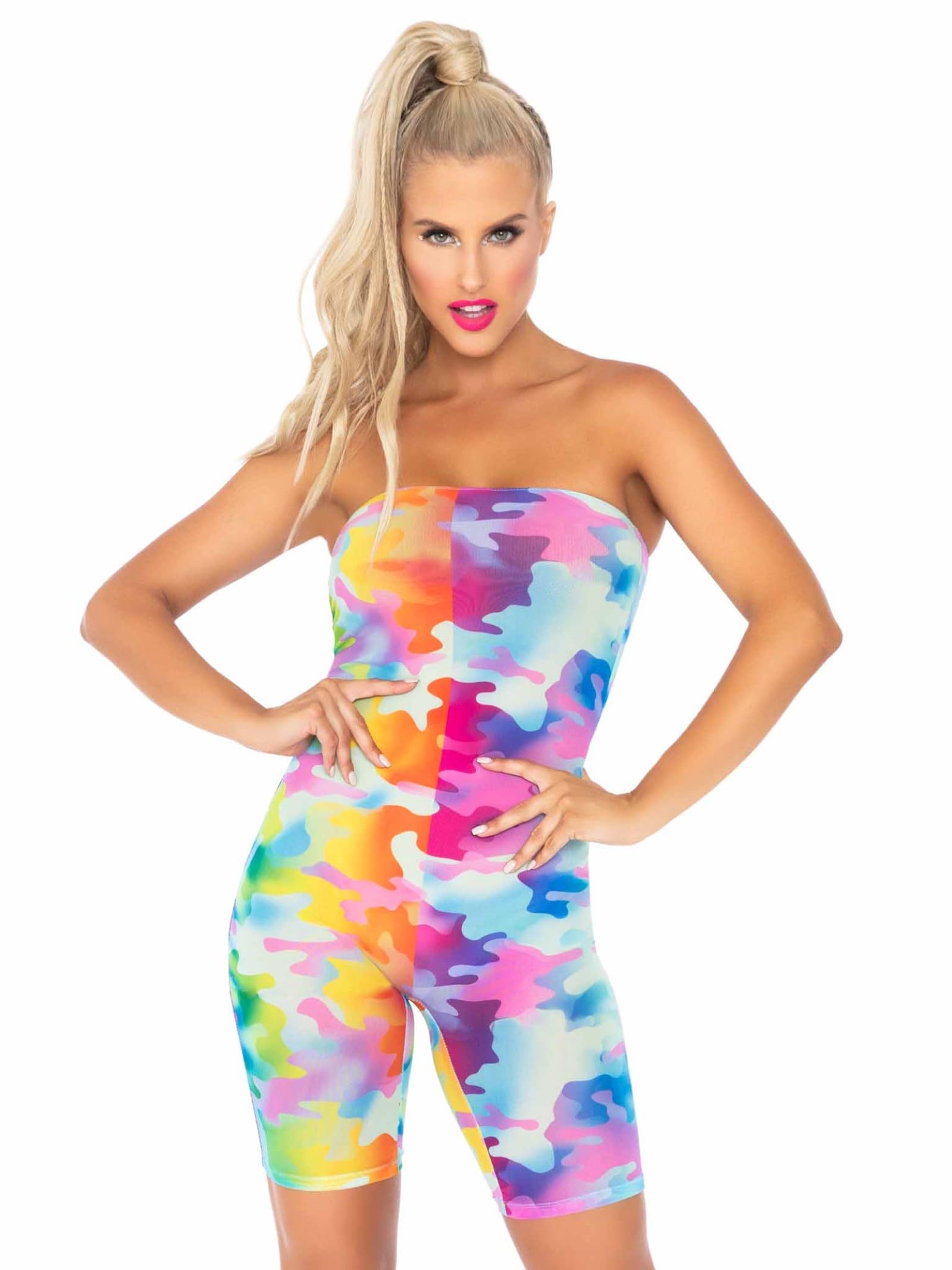 Leg Avenue Women's Rainbow Camo Strapless Romper Lingerie Set, Multicolor, M/L