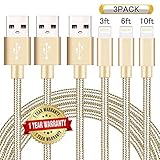 Ulimag Lightning Cable 3Pack 3FT 6FT 10FT Nylon Braided Certified iPhone Cable USB Cord Charging Charger for Apple iPhone 7, 7 Plus, 6, 6s, 6+, 5, 5c, 5s, SE, iPad, iPod Nano, iPod Touch (Gold)