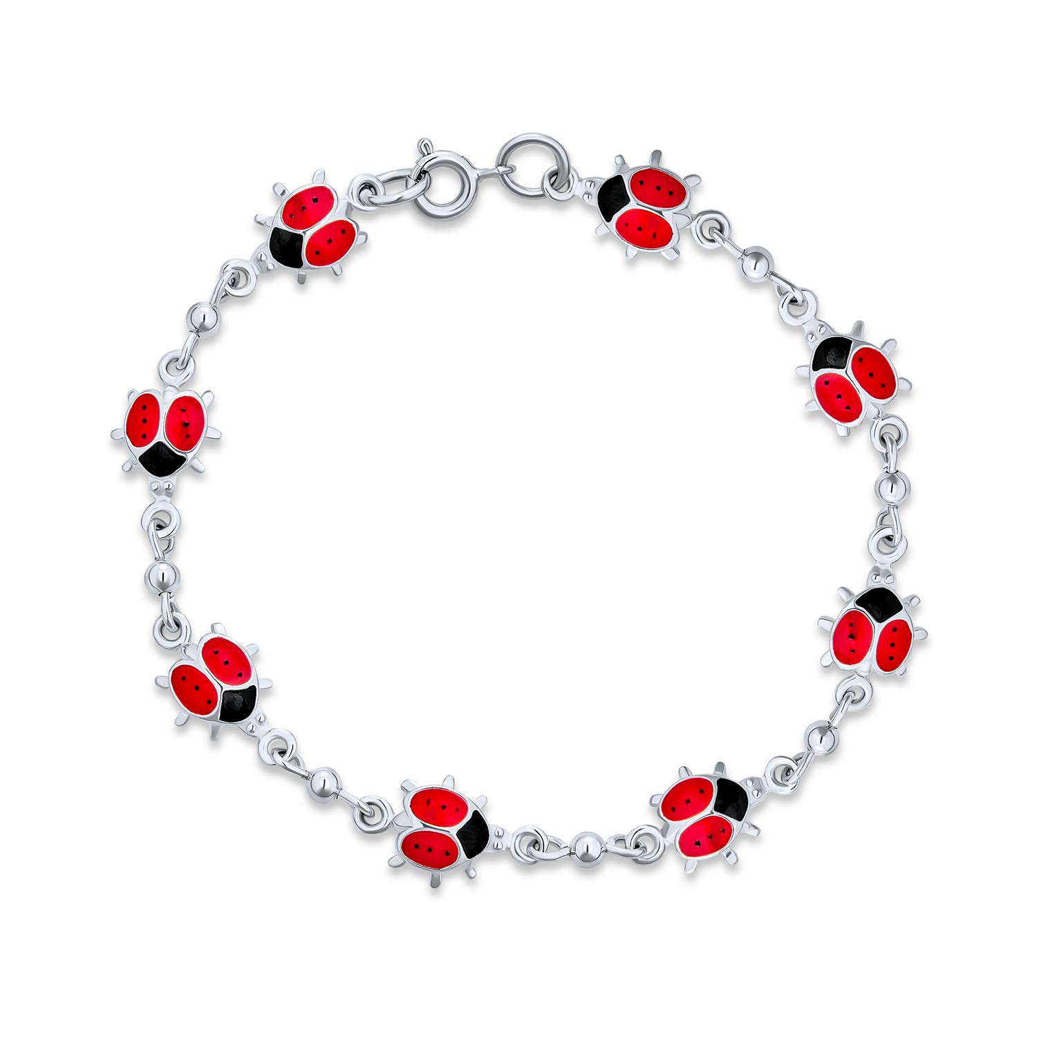 Bling Jewelry Good Luck Garden Lucky Multi Station Charms Enamel Red Ladybugs Charm Bracelet For Women Teen .925 Sterling Silver 7 Inch