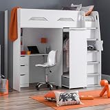 happybeds Pegasus High Sleeper Storage Bed, Wood Desk & Wardrobe, White, 3FT