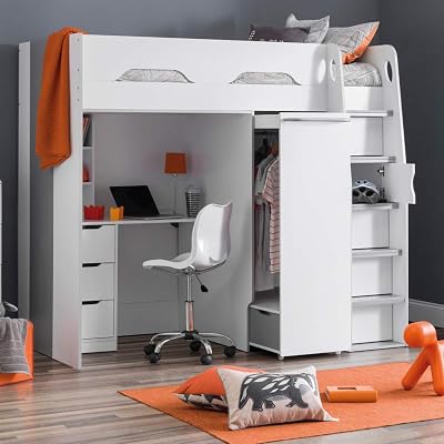 happybeds Pegasus High Sleeper Storage Bed, Wood Desk & Wardrobe, White, 3FT
