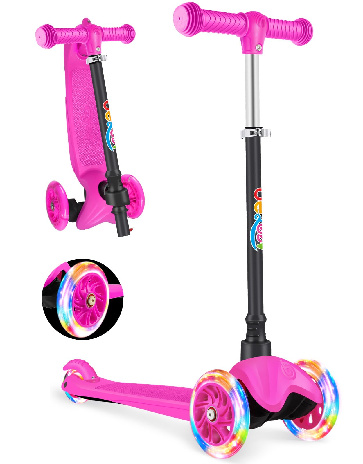 BELEEV 3-Wheel Scooter for Kids Age 2-6, Scooter for Toddlers Girls Boys Children, Adjustable Height, Lean to Steer, Light Up Wheels, Extra-Wide Deck(PINK)