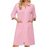 Ekouaer Zipper Robes for Women 3/4 Sleeve Housecoats Knee Length Bathrobe Lightweight Nightgown with Pockets S-3XL