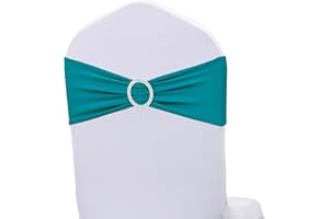 JKDMJF Stretch Spandex Dark Turquoise Chair Sashes Bows 50 Pack Universal Chair Bands with Silver Buckle for Wedding Party Engagement Banquets Bridal Shower Events Decorations