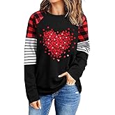 Women's Valentine's T-Shirt Leopard Stripe Splicing Sleeve Raglans Shirt Love Heart Printed Buffalo Plaid Graphic Tees
