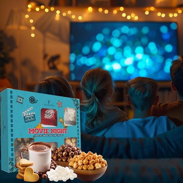 MOVIE NIGHT HAMPER SNACK BOX, MOVIE NIGHT SNACKS, KIDS SWEETS SWEETS GIFT BOX WITH CHOCOLATES, HOT CHOCOLATE, MINI MARSHMALLOWS, CHOCOLATE & CARAMEL POPCORN, BUTTER BISCUITS, GIFTS FOR HER |WOMEN |HIM